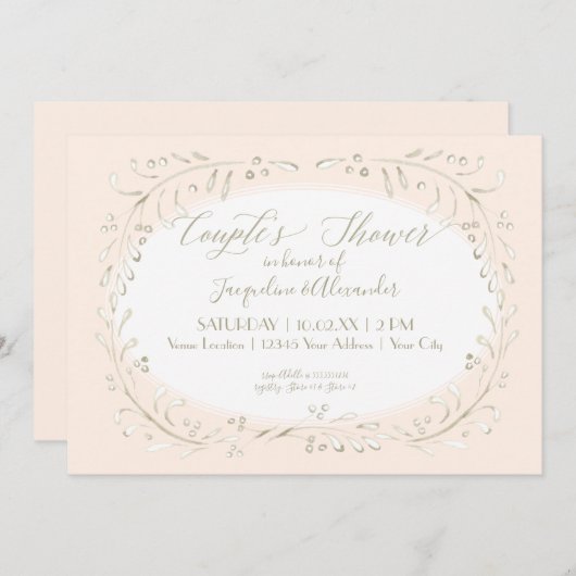 Invitation Couples Douche Aquarelle moderne Foliage de courro (Devant / Derrière)