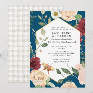 Invitation Couples Douche Aquarelle Peacock Bleu Rose Floral