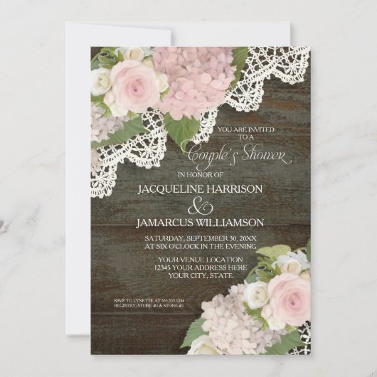 Invitation Couples Douche Bois foncé Script Pink Hydrangeas (Devant)