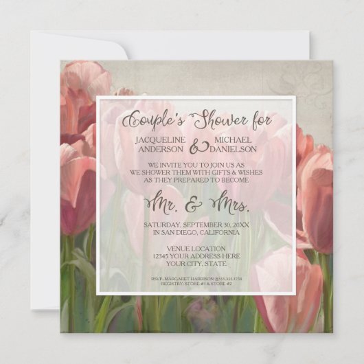 Invitation Couples Douche Corail Tulip Floral Mariage en bois (Devant)