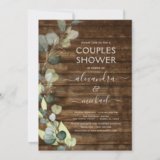 Invitation Couples Douche Eucalyptus Verdure Bois rustique (Devant)