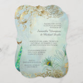 Invitation Couples Douche Leaf Or Peacock Feathers Élégant (Devant / Derrière)