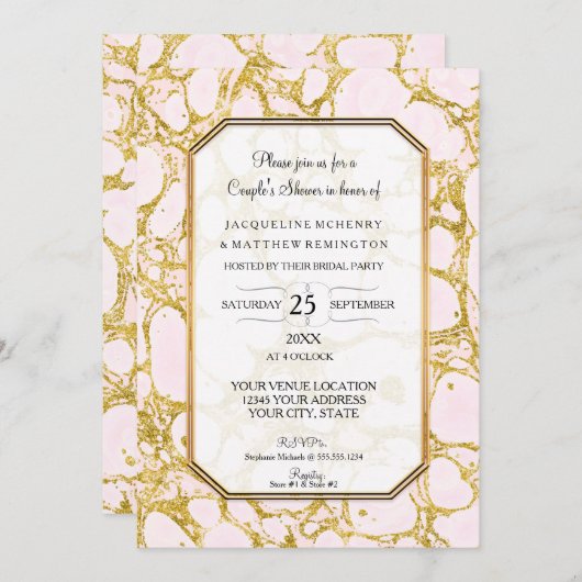 Invitation Couples Douche Marbré Rose en marbre or rose (Devant / Derrière)