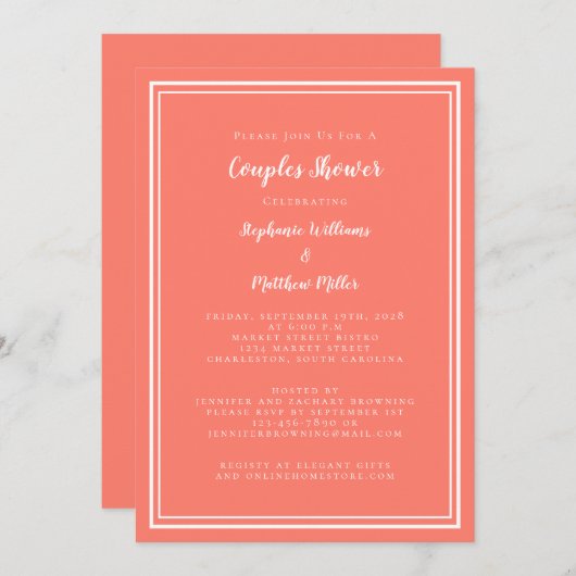 Invitation Couples Douche Mariage Fiançailles Coral Blanc (Devant / Derrière)