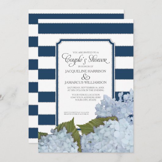 Invitation Couples Douche Marine Blue Hydrangea Script Art Dé (Devant / Derrière)