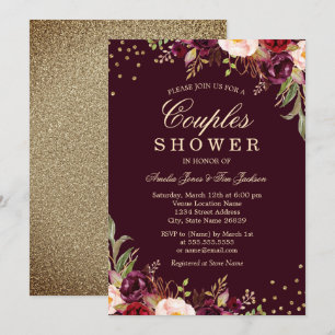 Invitation Couples Douche Or Bourgogne floral Sparkle