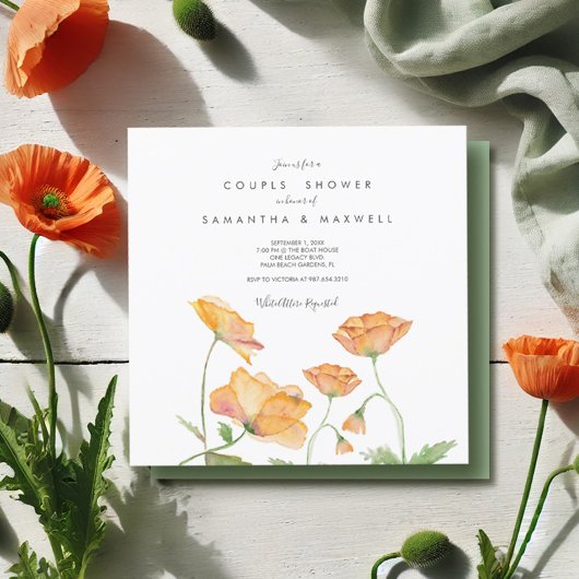 Invitation Couples Douche Orange Floral Aquarelle Poppies