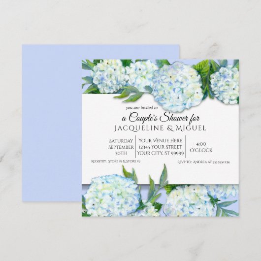 Invitation Couples Douche Périwinkle n Blanc Hydrangea Floral (Devant / Derrière)