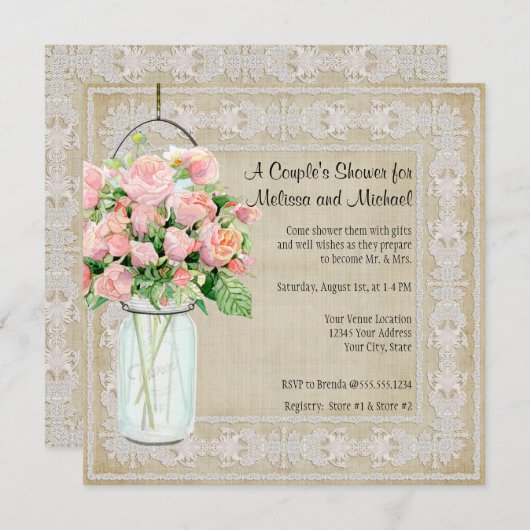 Invitation Couples Douche rustique Pays Mason Jar Roses (Devant / Derrière)