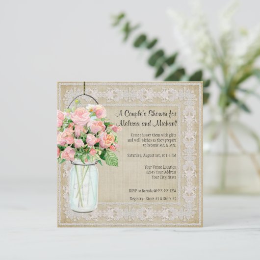 Invitation Couples Douche rustique Pays Mason Jar Roses (Debout devant)