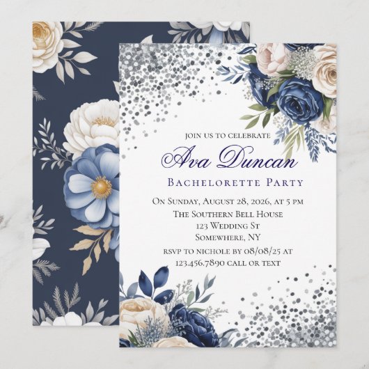 Invitation Couples floral bleu marine et ivoire douche (Devant / Derrière)