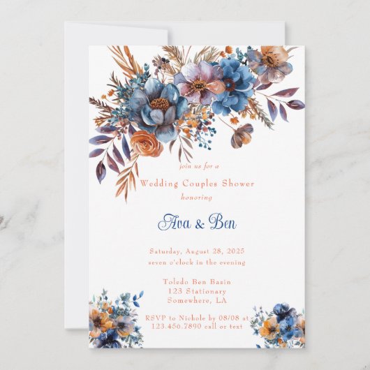 Invitation Couples Mariage Floral bleu et orange douche (Devant)