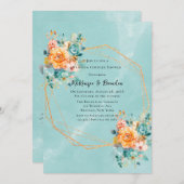 Invitation Couples Mariage Turquoise et Orange Peony (Devant / Derrière)