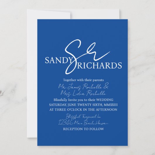 Invitation Couples Monogramme Bleu Mariage Script (Devant)