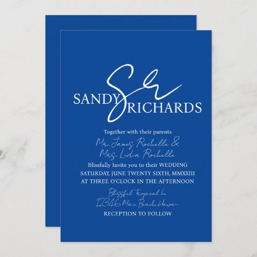 Invitation Couples Monogramme Bleu Mariage Script (Devant / Derrière)