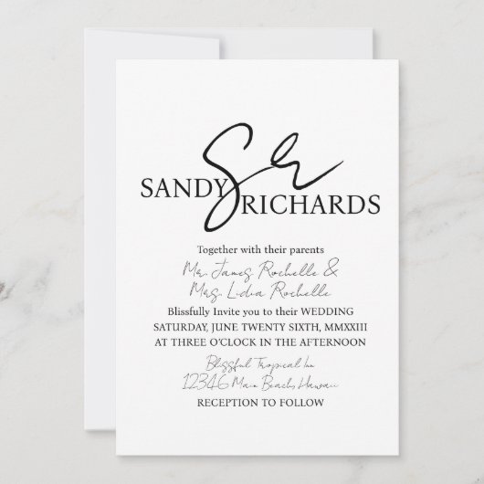 Invitation Couples Monogramme noir blanc Mariage de script (Devant)
