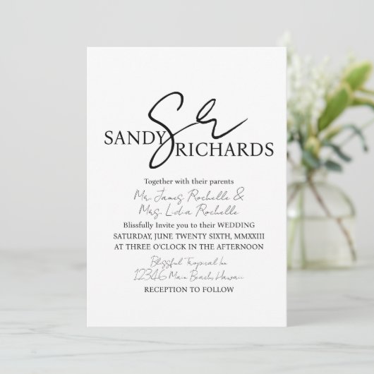 Invitation Couples Monogramme noir blanc Mariage de script (Debout devant)