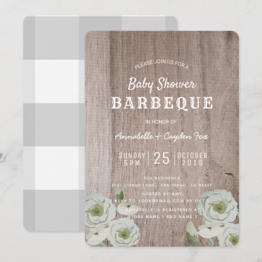 Invitation Couples Roses BBQ et Baby shower de bois Invitatio (Devant / Derrière)