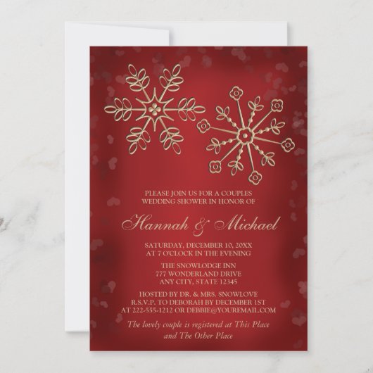 INVITATION COUPLES ROUGES ET GOLD SNOWFLAKE WEDDING SHOWER (Devant)