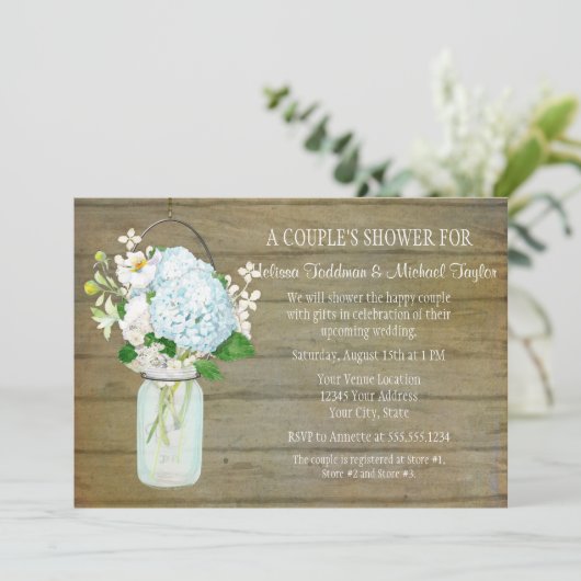 Invitation Couples Russe Pays Mason Jar Blue Hydrangeas (Debout devant)