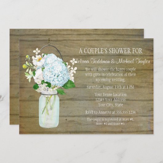 Invitation Couples Russe Pays Mason Jar Blue Hydrangeas (Devant / Derrière)