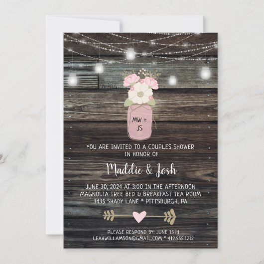 Invitation Couples rustiques Douche Mason Jar Lights Boho Flo (Devant)