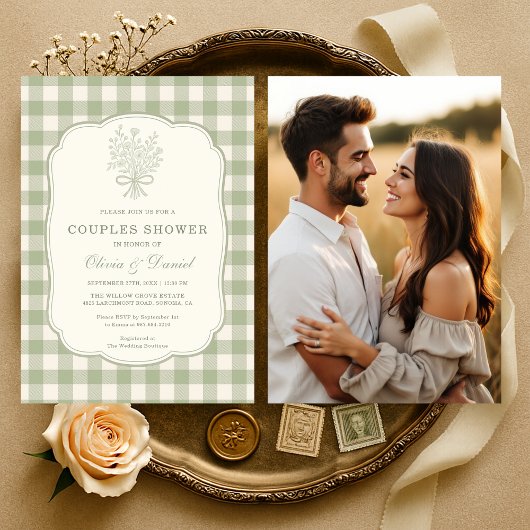 Invitation Couples Shower Gingham Floral Bow Photo