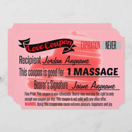 Invitation Coupon d'amour pour MASSAGE (Devant / Derrière)