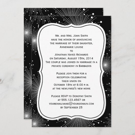 Invitation Coups de soleil noir blanc Réception feux d'artifi (Devant / Derrière)