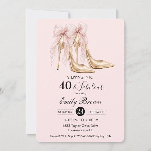Invitation Couquette Blush Bow Fashion Heel 40th Birthday (Devant)