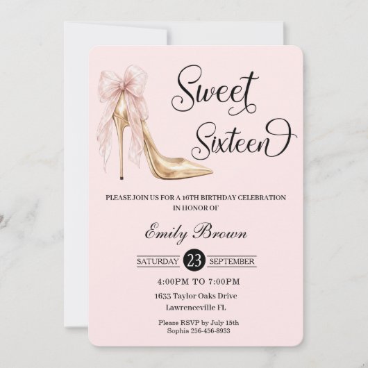 Invitation Couquette Blush Ruban Arc Mode Talon Douce 16 (Devant)