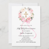 Invitation Courbe à courroie rose fleurie croix fille Premièr (Devant)
