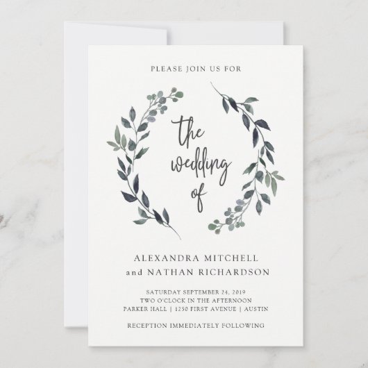 Invitation Courbe aquarelle feuillue | MARIAGE (Devant)