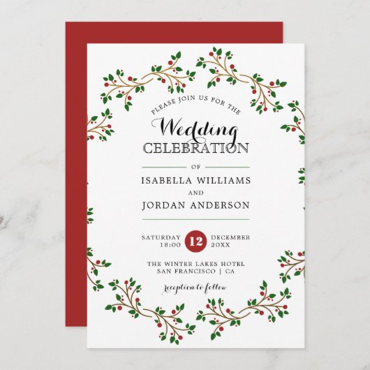 Invitation Courbe d'hiver rouge, vert et or| Mariage élégant (Devant / Derrière)