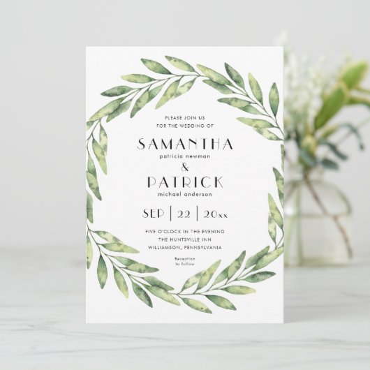 Invitation Courbe feuillue élégante | mariage de texte modern (Debout devant)