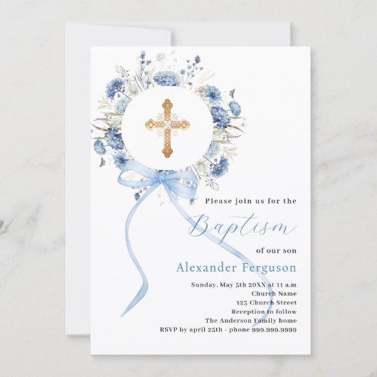 Invitation Courbe florale bleu arc garçon baptême (Devant)