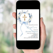 Invitation Courbe florale bleu arc garçon baptême