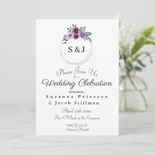 Invitation Courbe florale d'aquarelle simple avec initiales (Debout devant)