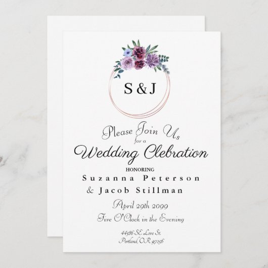 Invitation Courbe florale d'aquarelle simple avec initiales (Devant / Derrière)