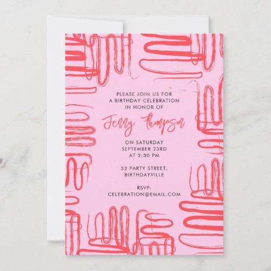 Invitation Courbe rose Wavy Squiggle Abstraite fête d'anniver (Devant)