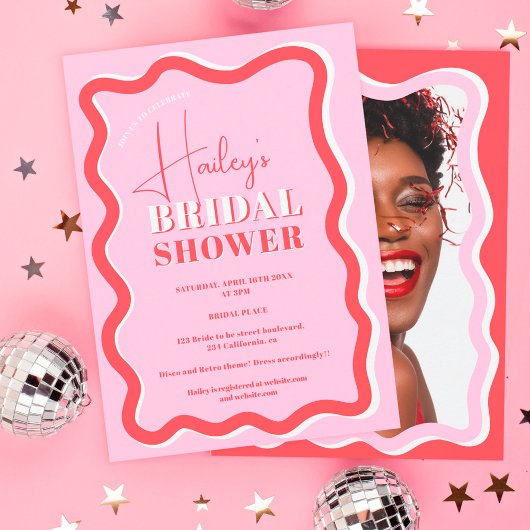 Invitation Courbe rouge rose rétro squiggle ondulé douche nup