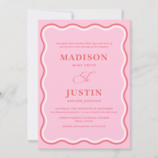Invitation Courbes rouge et rose rétro Mariage ondulé (Devant)