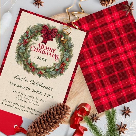 Invitation Couronne à carreaux rouges et buff de Noël pour un
