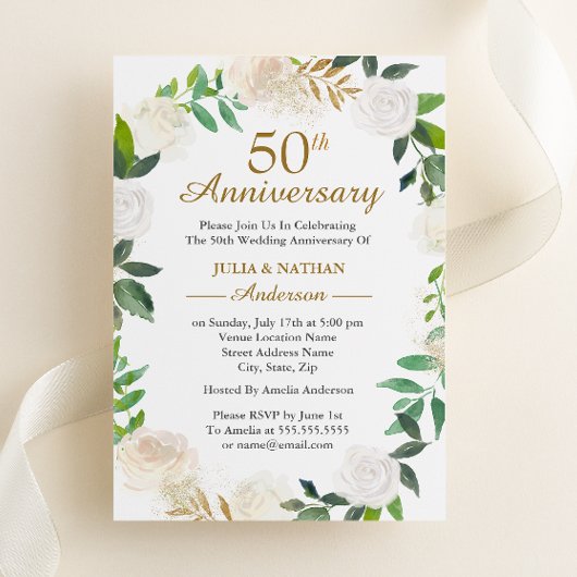 Invitation Couronne aquarelle or 50e anniversaire de mariage