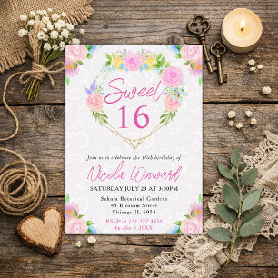 Invitation Couronne aquarelle rose et jaune Sweet 16
