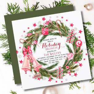 Invitation Couronne aquarelle rose pour brunch de Noël