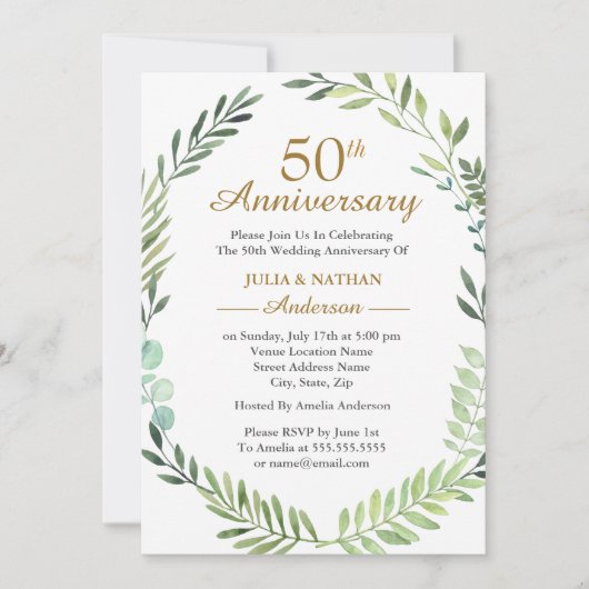 Invitation Couronne aquarelle verte 50e anniversaire de maria (Devant)