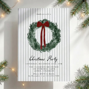 Invitation Couronne aquarelle verte rayée Noël Ruban Rouge No