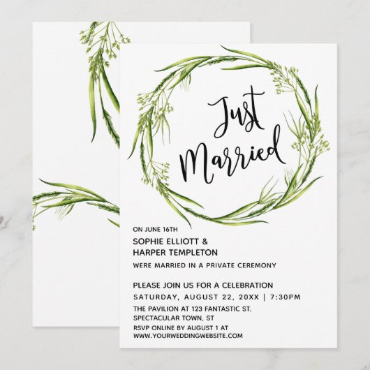 Invitation Couronne aquarelle verte typographie mariage juste (Devant / Derrière)