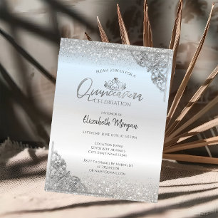 Invitation Couronne argentée chic, Quinceañera à cadre argent